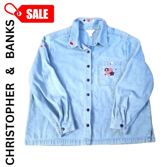 CHRISTOPHER & BANKS - Patriotic Embroidered Denim Light Wash Button Up Jacket - Picture 1 of 13